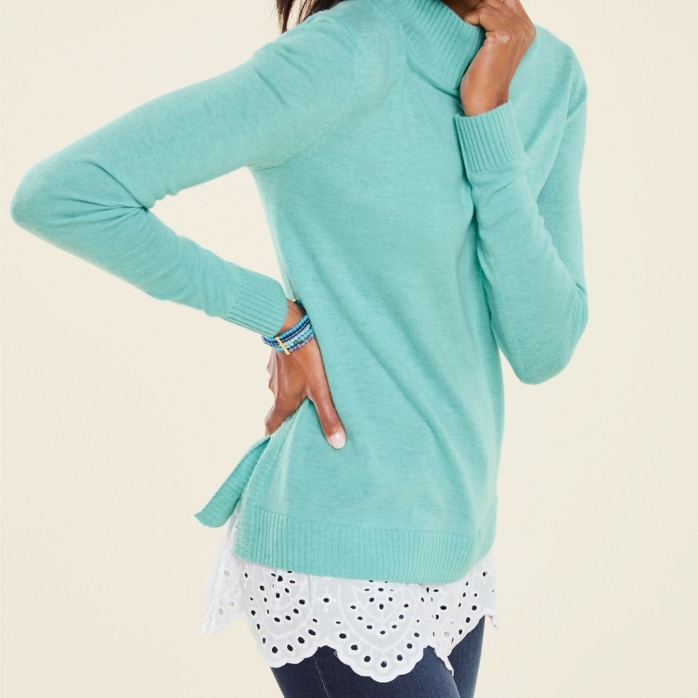 Pullover Sweater Tunic Petite Medium Eyelet Hem Mockneck Blue White NWT Talbots